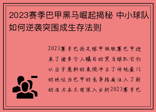 2023赛季巴甲黑马崛起揭秘 中小球队如何逆袭突围成生存法则