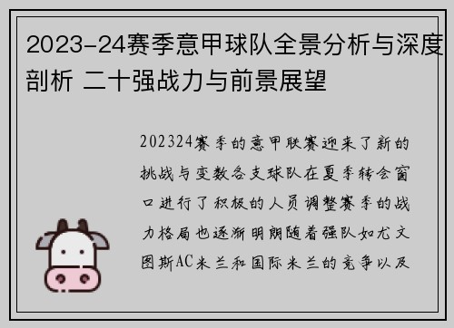 2023-24赛季意甲球队全景分析与深度剖析 二十强战力与前景展望