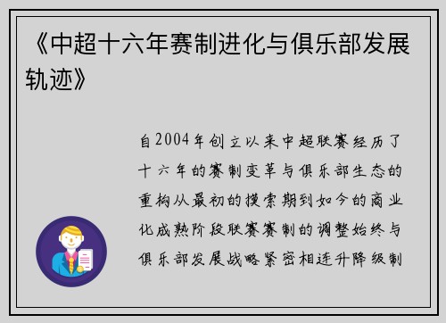 《中超十六年赛制进化与俱乐部发展轨迹》
